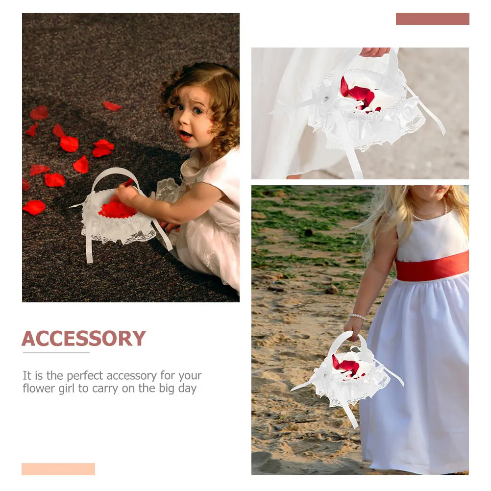 

2Pcs Wedding Flower Girl Basket Lace Bowknot Pearl Decor Lightweight Basket for Wedding Ceremony Flower Petals Gift Container