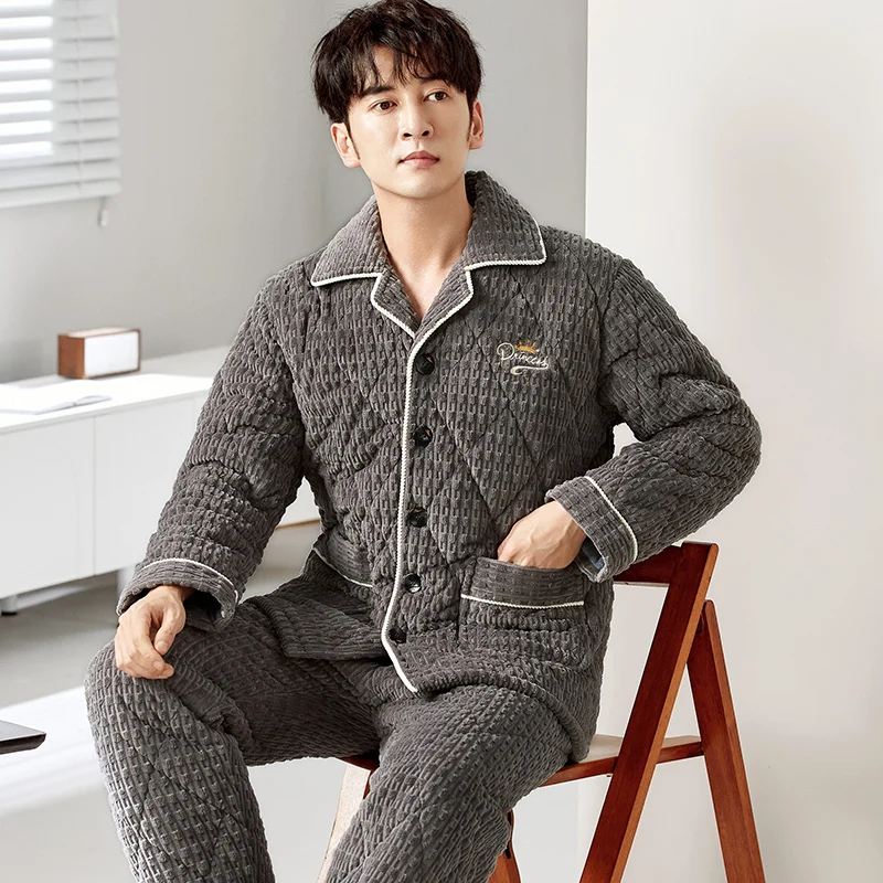 Male Winter Warm Quilted Pajama Set Three-layer Thick Coral Velvet Warm Sleepwear Home Wear Clothes Suit Cotton-Padded Jacket3XL