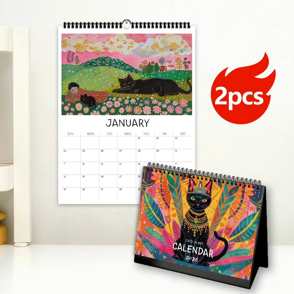 

2pcs/1 set 2026 Cartoon Egyptian Cat Theme Desk Calendar Wall Calendar Set, 12 Unique Designs, Birthday Christmas New Year Gift