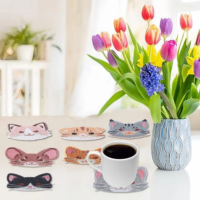 8 Pieces DIY Diamond Painting Art Set Cat Pattern Coaster Special Shape Crystal Artificial Diamond Mosaic Craft view 5