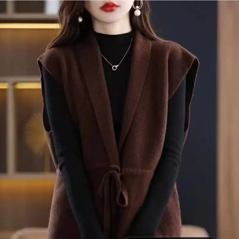 2024 Autumn Women Elegant Fashion Lace Up Cardigan Chic V Neck Loose Outerwears Sweater Vest Simple Sleeveless Knitted Waistcoat