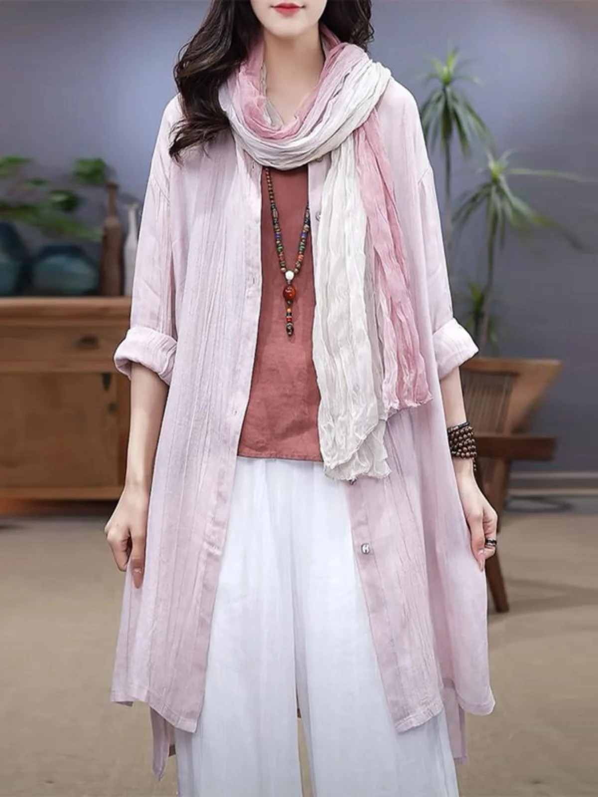 

Женская рубашка в этническом стиле из хлопка и льна, с длинным рукавом, средней длины, верхняя одежда, кардиган, летняя новинка, модная