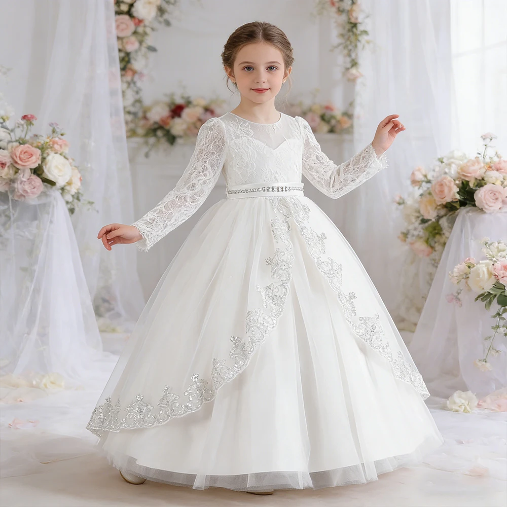 

Elegant Tulle Princess Dress Flower Girl Wedding Dress White Dress for Girls Baptismal Costume First Communion Evening Dress