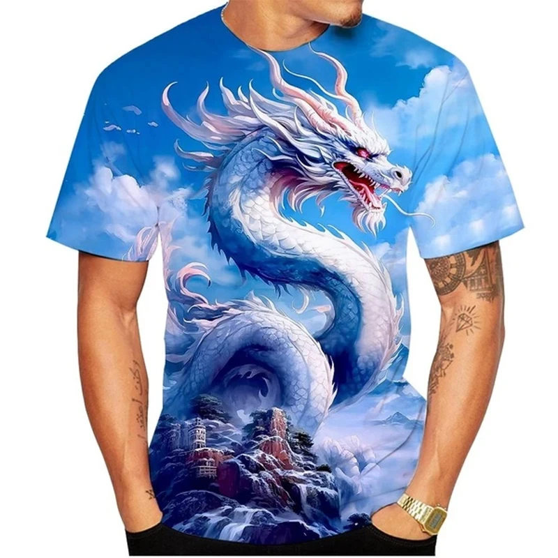 2024 New 3D Men\'s T Shirt Chinese Dragon Graphics Print Short Sleeve Tees Summer Casual O-neck Oversized Street Men Clothing Top