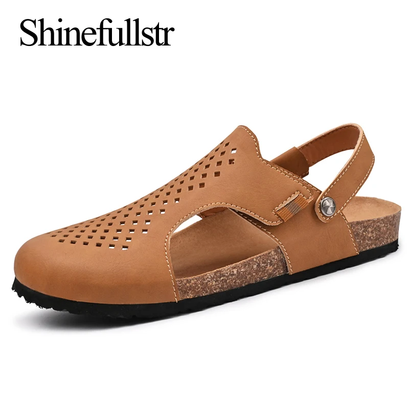 Summer Men Cork Sole Sandals Flat Toe Covered Sandals Microfiber Leather Casual Sandal Size 38-46 Dropshipping