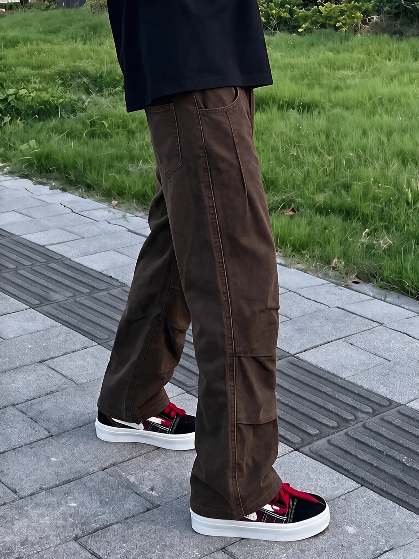 Brown Vintage Pleated Men's Work Pants Summer Thin Washed High Street Vibe Flared Straight Casual Trousers Loose Fit Cotton