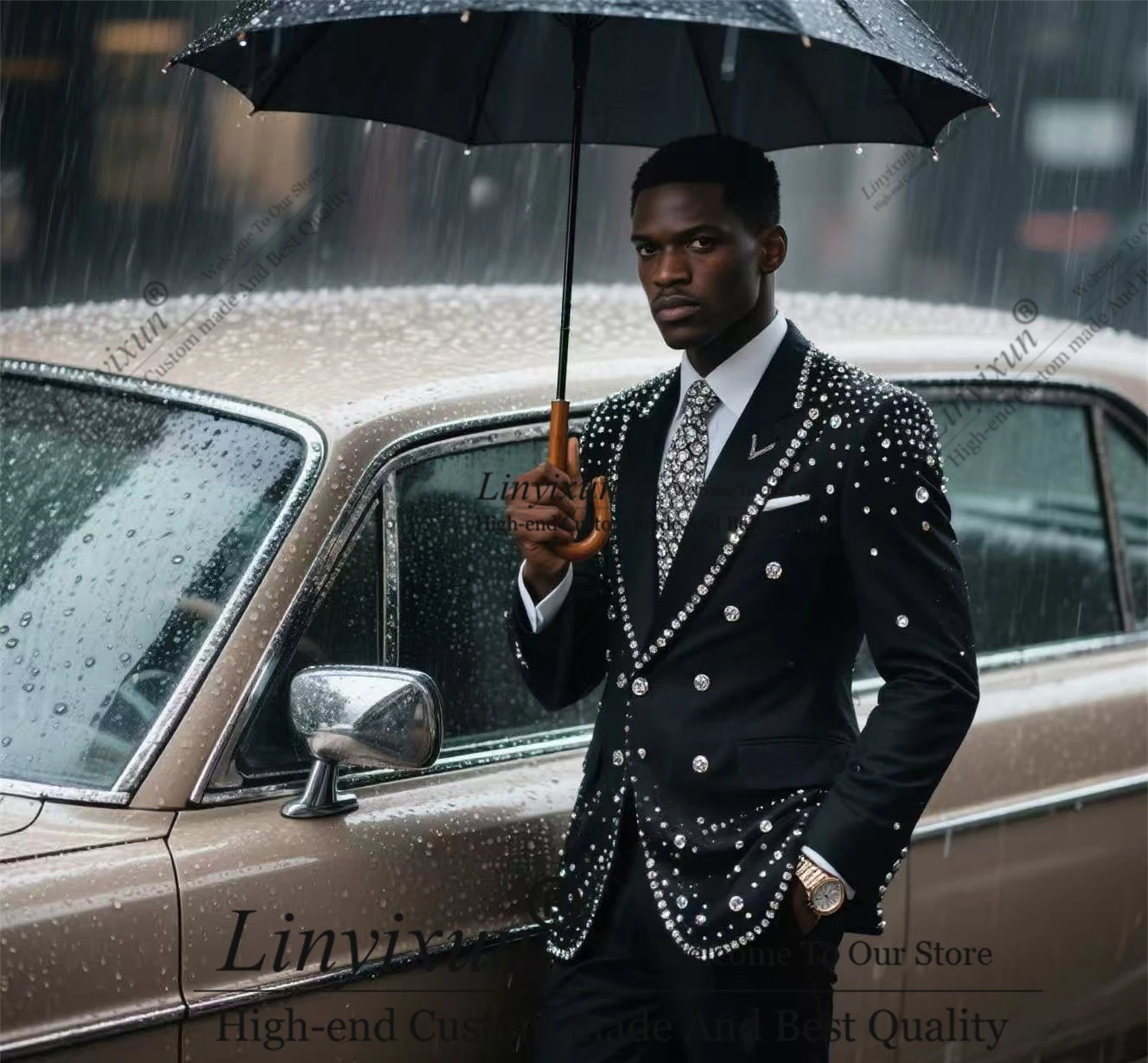 

Formal High End Diamond Crystals Men Suit 2 Pieces Sets Groom Male Blazers Slim Fit Customized Wedding Tuxedos pantalones hombre