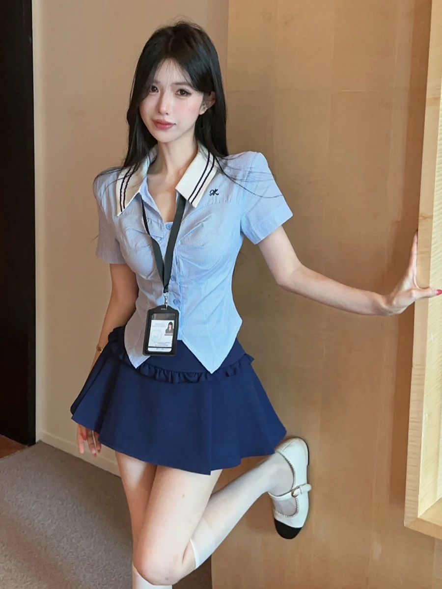 

Slim Fit College Style Set JK Uniform Striped V-Neck Short Sleeve Shirt Pleated Skirt High Waist Shorts Summer Fashion