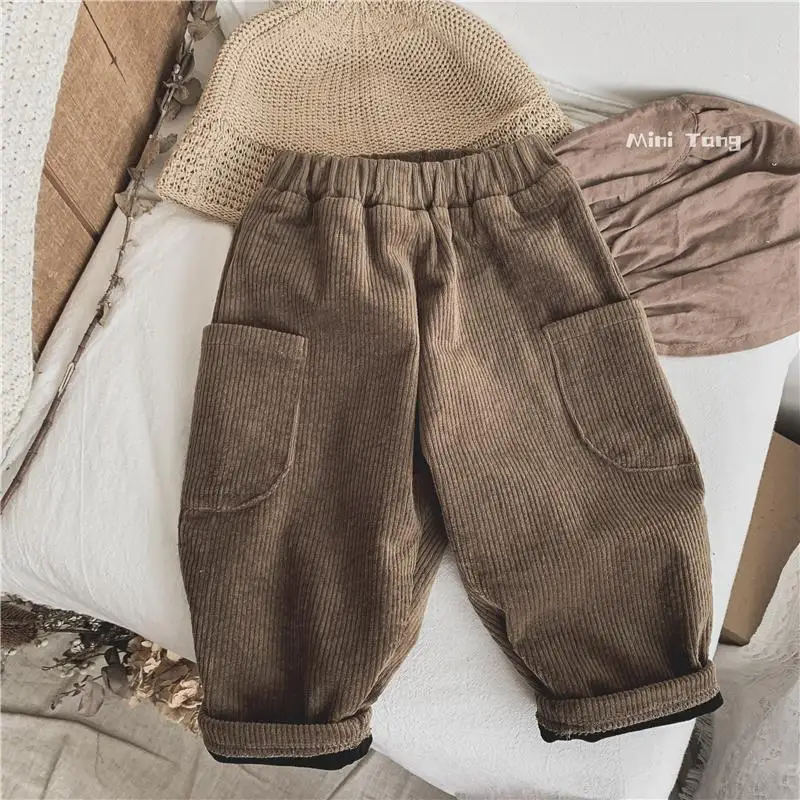 Winter Plush Warm Kids Pants 2024 Korea Style Children\'s Clothing Corduroy Plush Thick Warm Casual Pants for Boys Girls