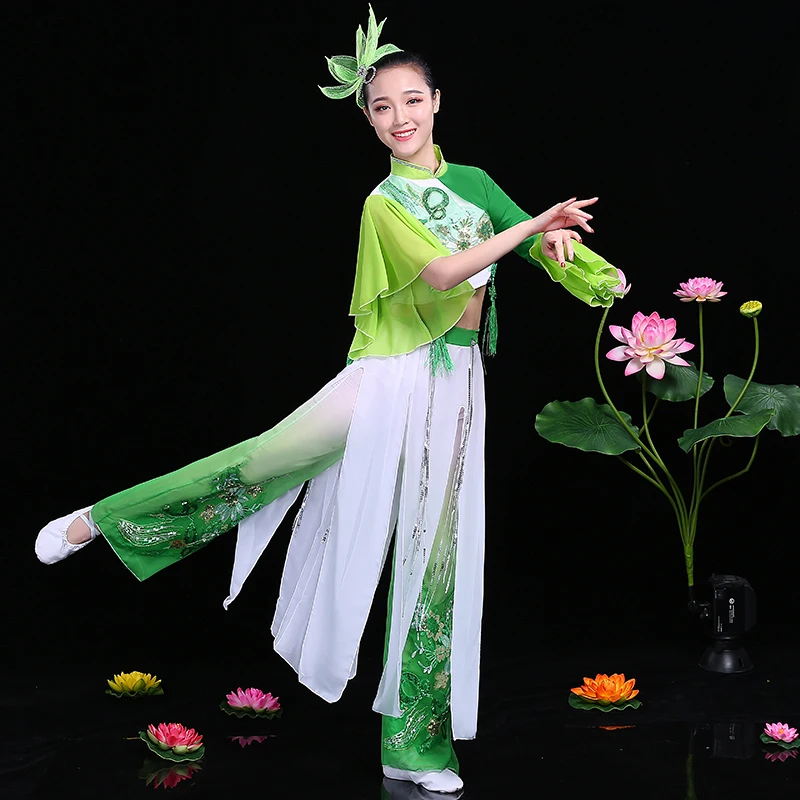 Disfraz de baile clásico Hanfu para mujer, traje de rendimiento Yangko, estilo chino, baile nacional para fanáticos