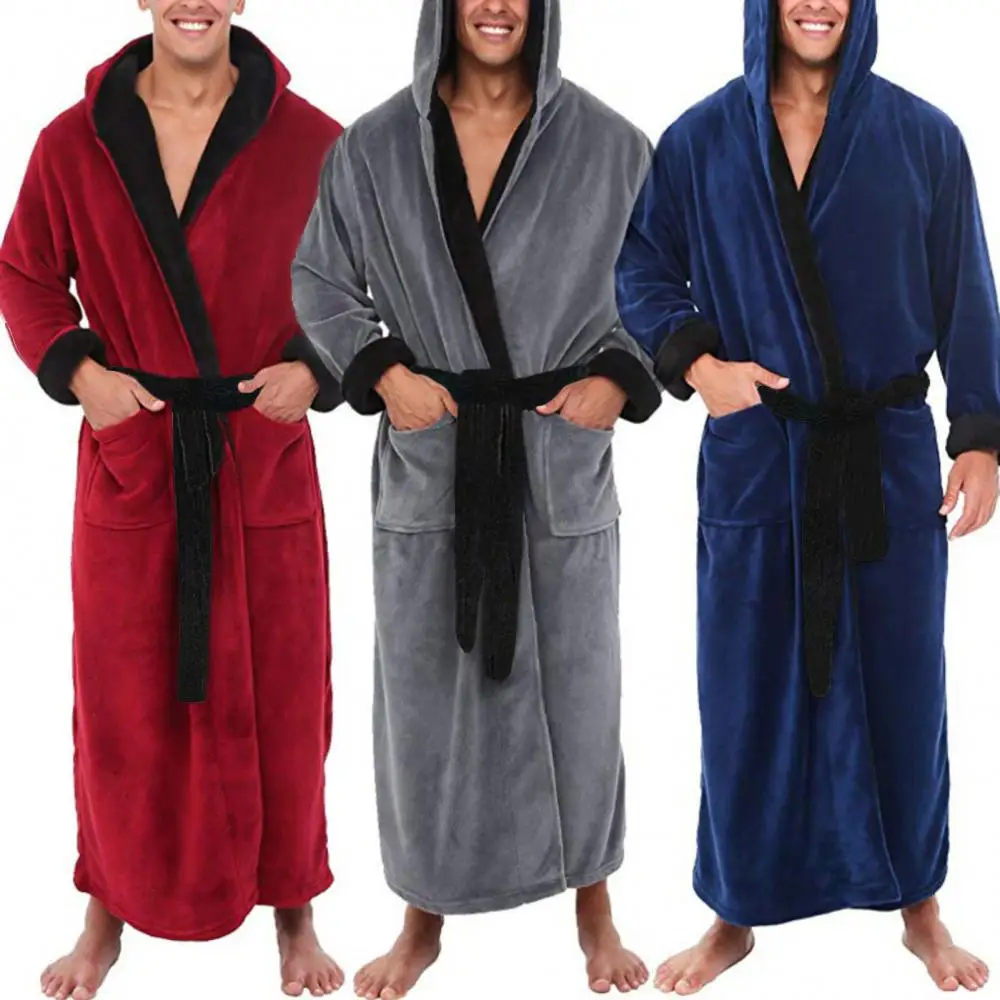 Sleepwear Soft Pockets Men Coral Fleece Color Block Long Bath Robe Home Gown Sleepwear