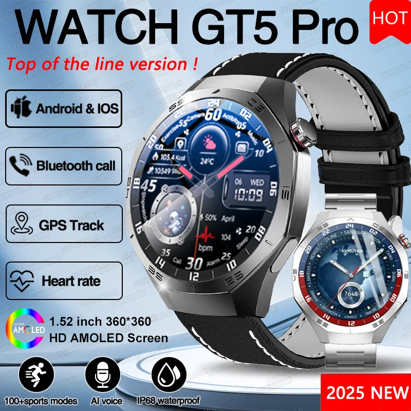 

Новые умные часы для Huawei GT5 Pro, мужские AMOLED HD-экран, GPS, спортивные часы, звонок, пульс, водонепроницаемые часы для фитнеса на открытом воздухе, 2025 г.