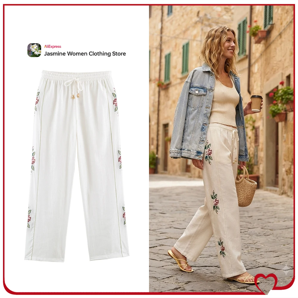 Fashion Women Side Stripe Straight Leg Pants with Contrasting Embroidery Elegant Chic High-waisted Embroidered Drawstring Pants
