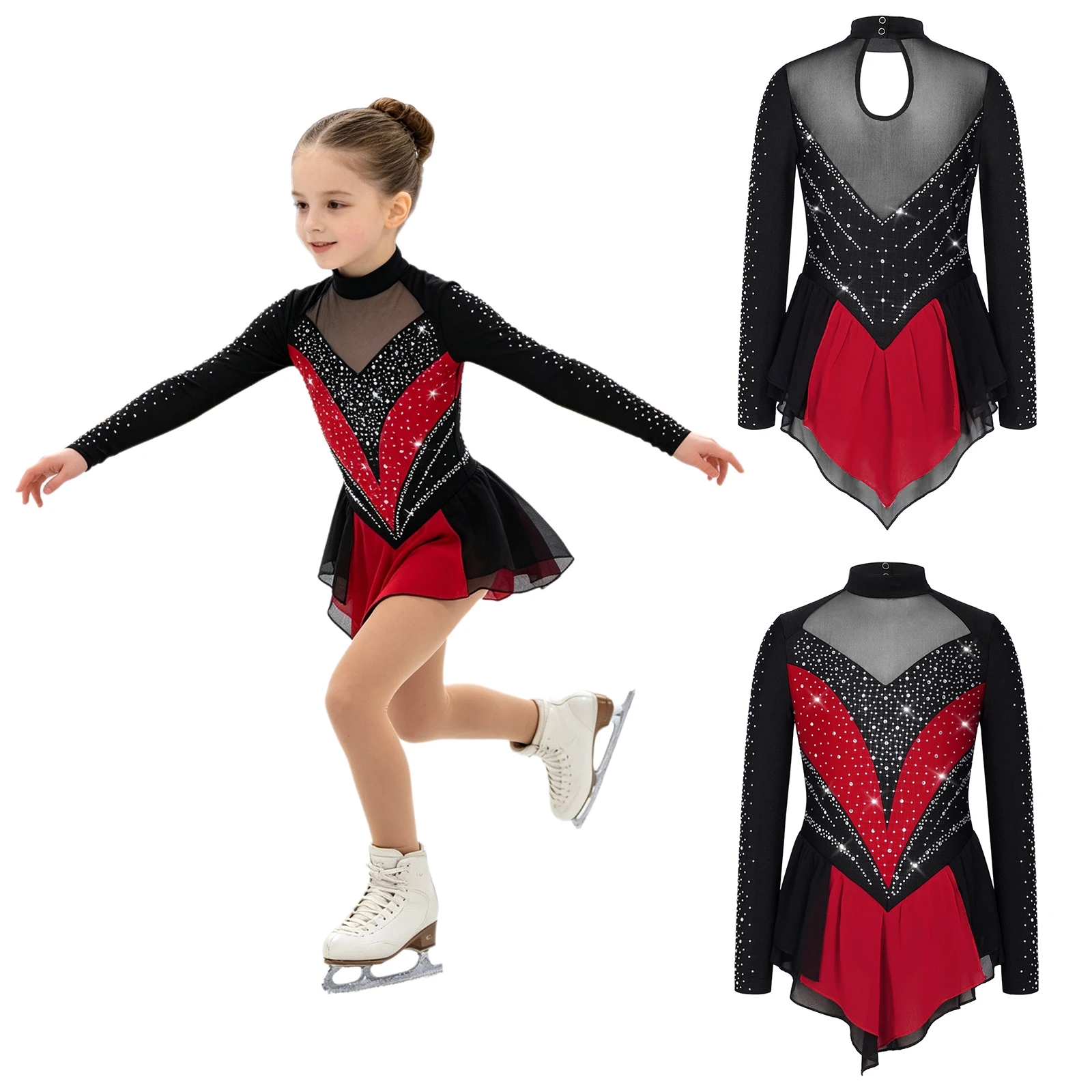 Child Girls Roller Figure Skating Dress Rhinestone Lyrical Dance Ice Skating Clothes Teens Mesh Splice Ballet Gymnastics Leotard