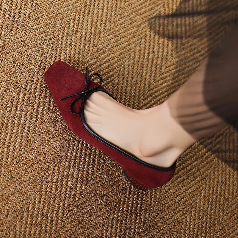 

2026 new spring summer women pumps natural leather 22-25.5cm kid suede+sheepskin square toe butterfly-knot women shoes fashion