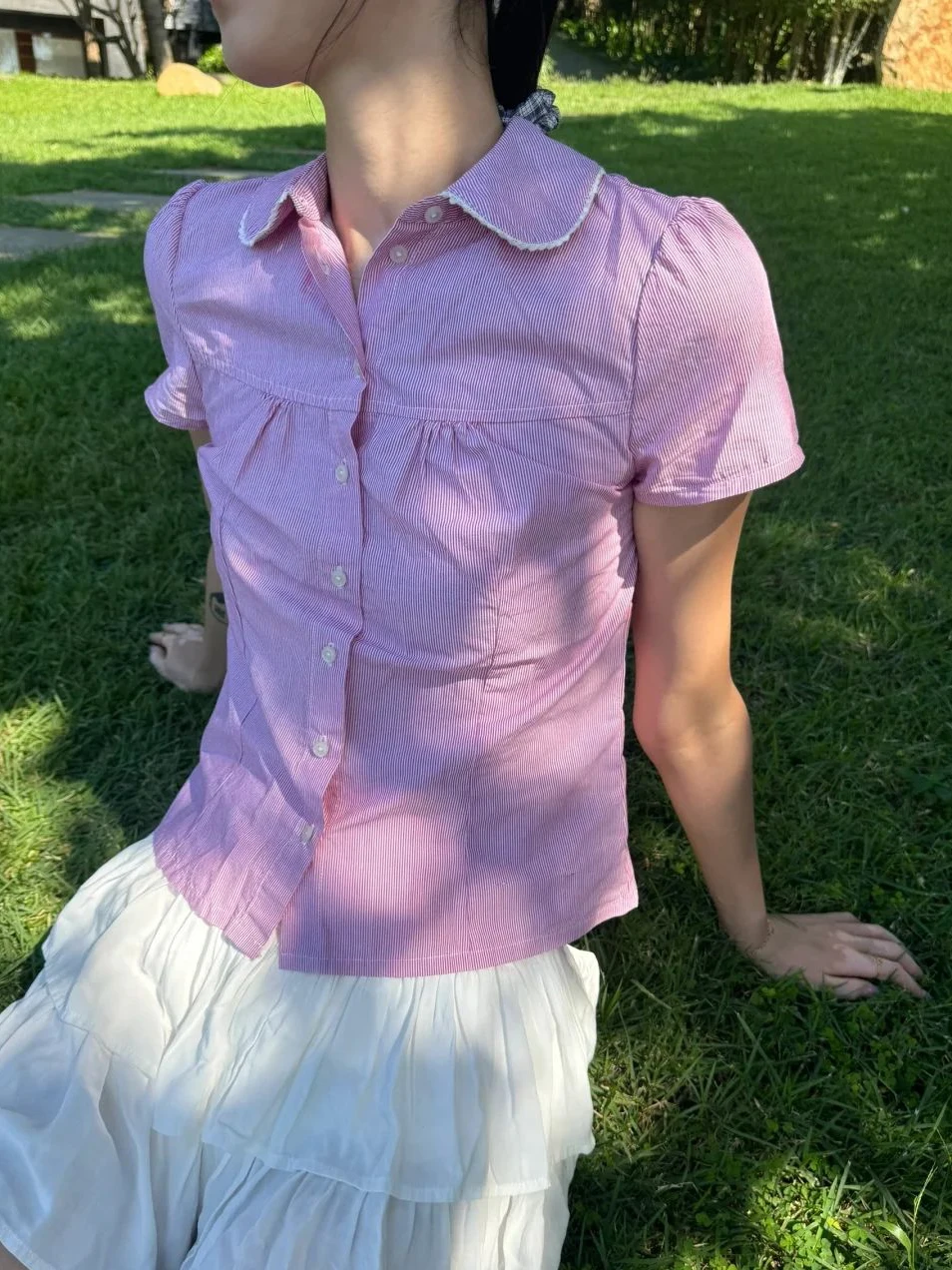 Rood Gestreepte Slanke Korte Mouw Blouse Dames Kanten Afwerking Peter Pan Kraag Single Breasted Blouses Preppy Stijl Zoete Casual Shirts