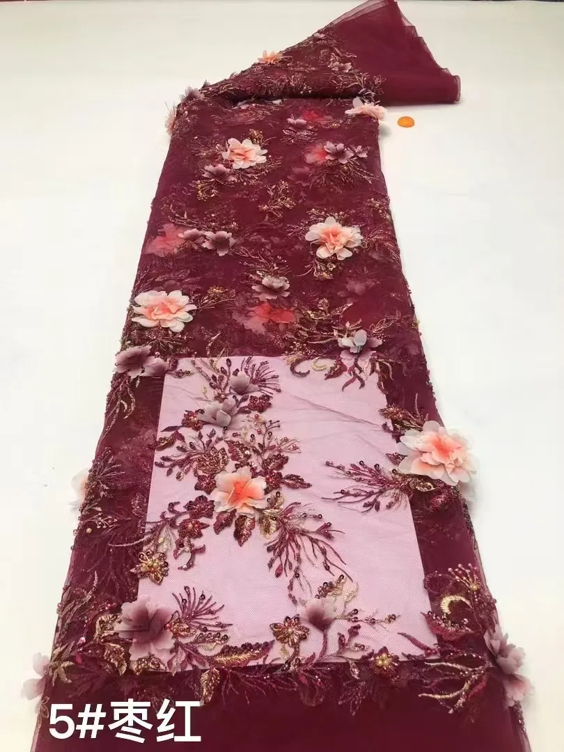 High Quality African Lace Fabric 2025 French 3D Flower Red Sequins Embroidery Beads Tulle  for Party Dress