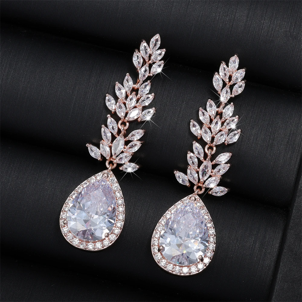 ZAKOL Luxury Leaf Cubic Zirconia Long Bridal Earrings for Women Fashion Water Drop Silver Color Wedding Jewelry Bijoux