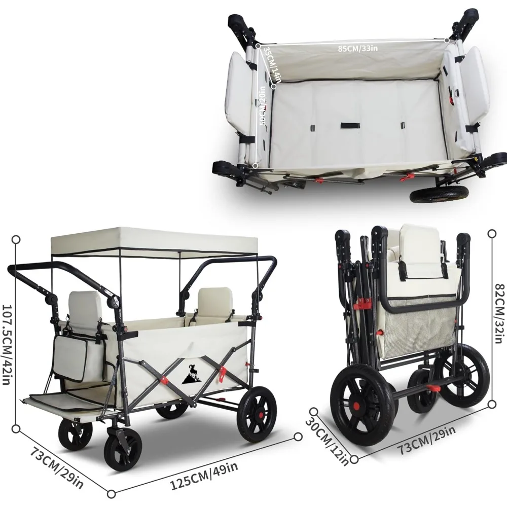 Collapsible Utility Cart with Canopy and 2 Seats, Adjustable Handle, Expandable Front for Camping and Outdoor Picnics