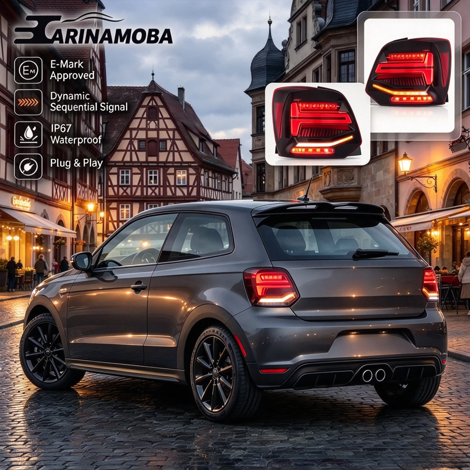 CARINAMOBA [E-Mark] Voll-LED-Rückleuchten für VW Polo MK5 6R 6C Schrägheck 2011-2017 Dynamisches Sequenzielles Blinklicht Rückleuchte Plug & Play 2 Stück