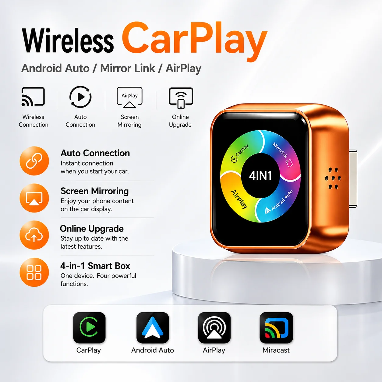 2026 Upgraded 4-in-1 Wireless CarPlay Android Auto Adapter, Mirror Link Screen Bluetooth Dongle, Plug&Play for iPhone&Android