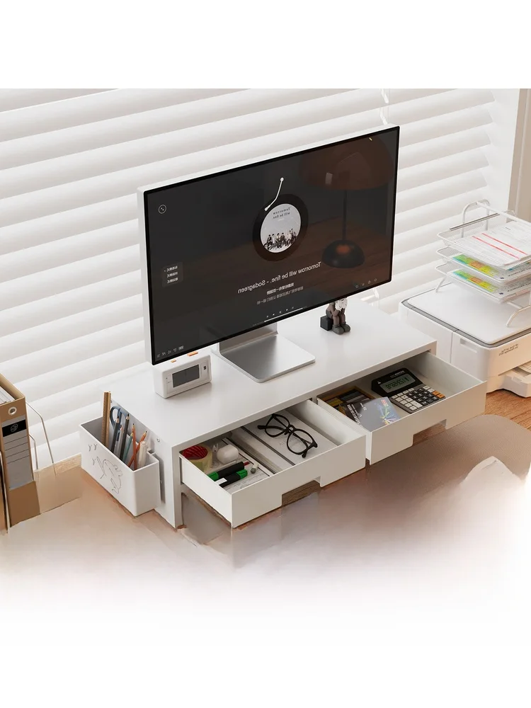 Desktop Computer Riser Stand Office Desk Organizer Box Monitor Base Support with Drawer Cooling Function Multi-Functional Sto...