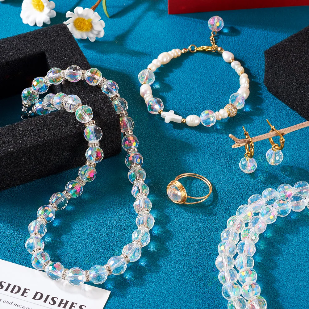 2 Strands Electroplate Transparent Glass Bead Strands 10mm Faceted Round Glass Beads for DIY Jewelry Making