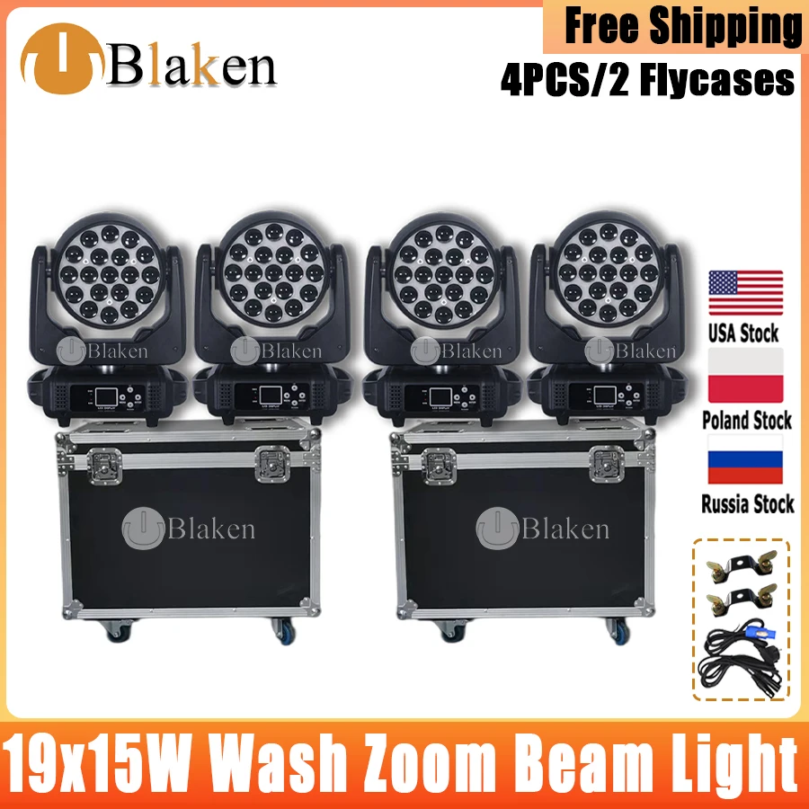 Projecteur de lumière à tête mobile 19x15W LED Wash Zoom, 4 pièces, éclairage de scène professionnel avec 2 Flycases, faisceau RGBW DMX, spectacle de fête