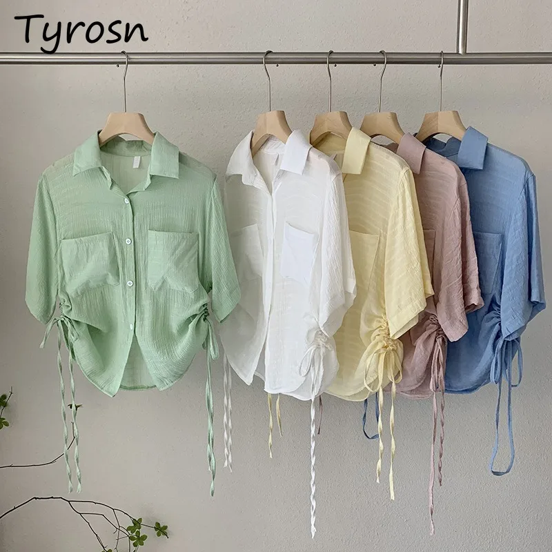 Women Shirts Pockets Turn-down Collar Shirring Drawstring Leisure Summer Korean Style Breathable Lightweight Loose Preppy Retro