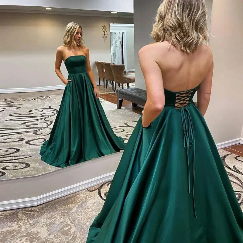 

GUXQD A-Line Strapless Women Evening Dresses Satin Plus Size Prom Party Gowns Formal Vestido De Noche robes de soirée