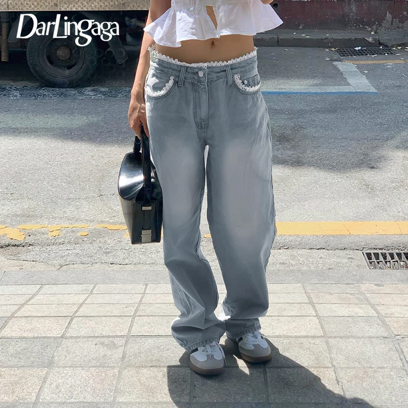 Darlingaga Korean Fashion Straight Leg Women Jeans Outfits Low Waisted Lace Patchwork Sweet Girls Denim Trousers Pants Harajuku