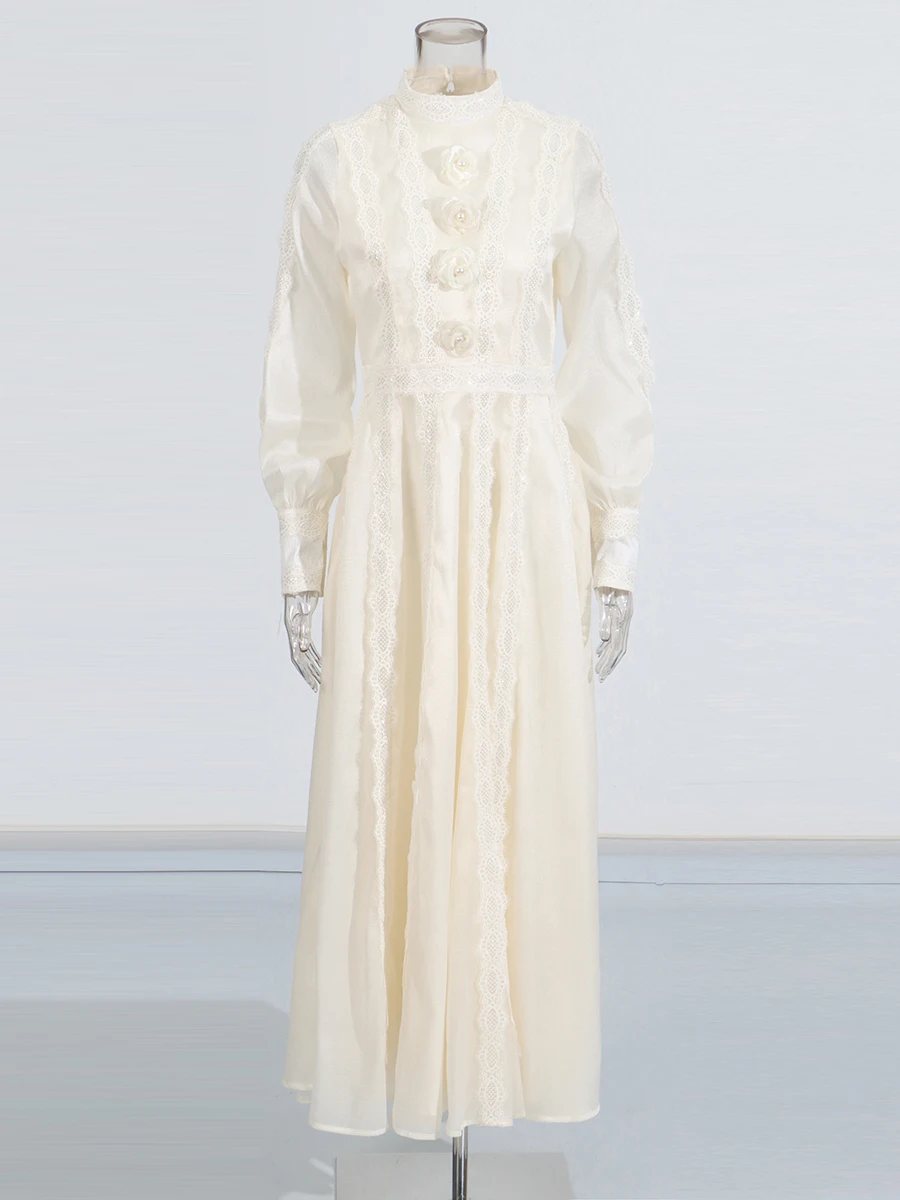 CHICEVER Spliced Floral SHEER Elegant ชุดผู้หญิงยืนคอโคมไฟแขนเอวสูงชุด Maxi กับเลื่อมหญิง