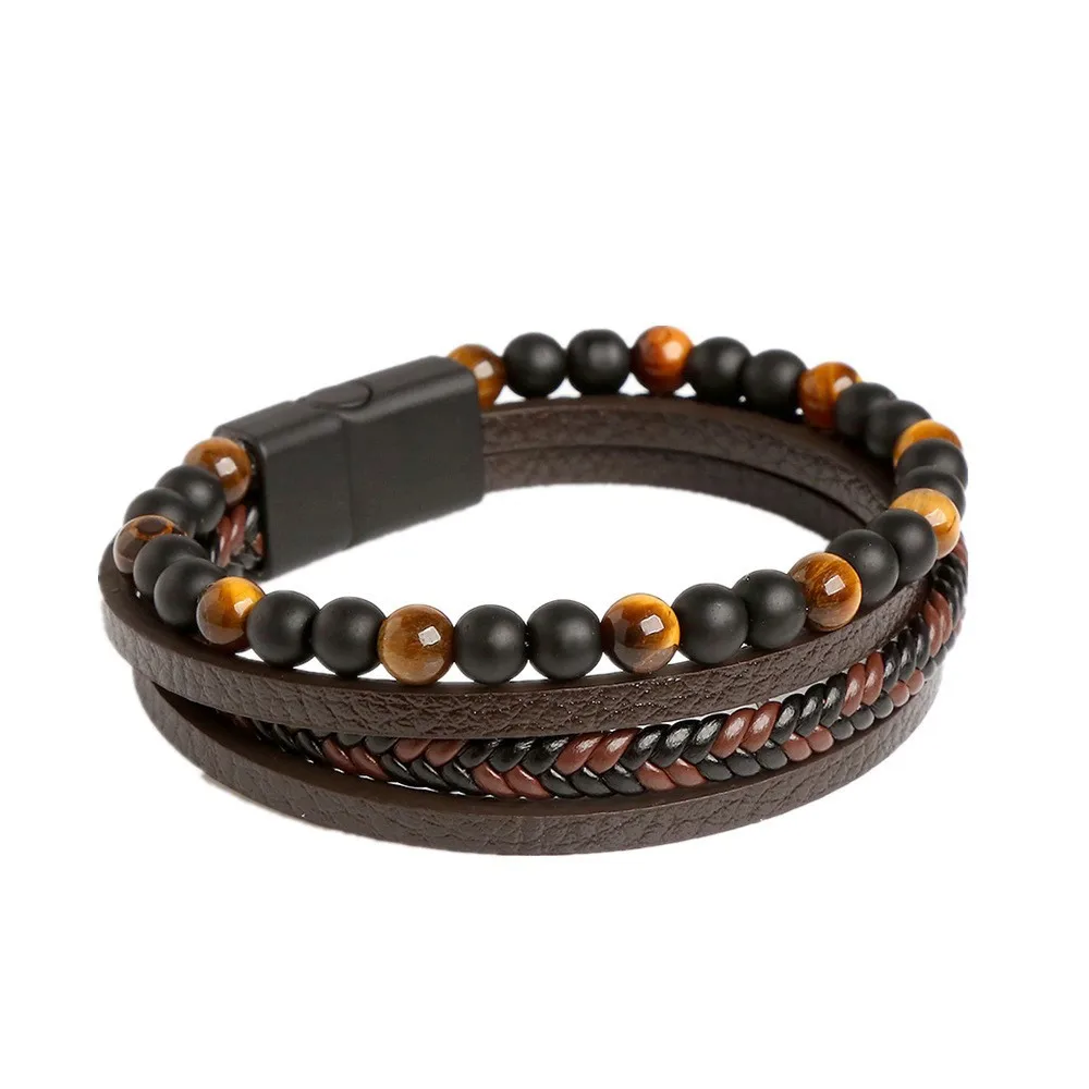 Multi Layer Leather Hand Woven Bracelet European and American Vintage Style Bangle Patchwork Magnetic Clasp Bracelet for Men