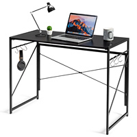 Folding Desk, 100x50cm folding table with 6 hooks & metal frame, space saving computer table laptop table