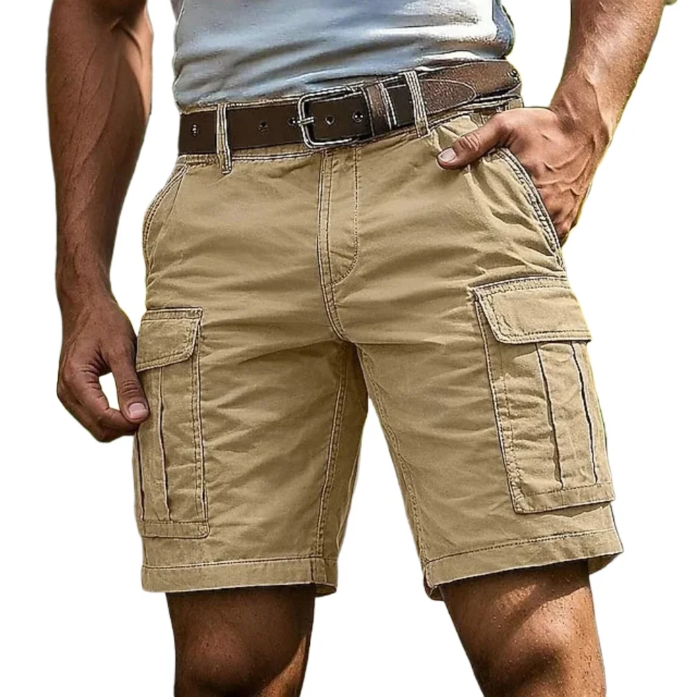 Summer Beach Casual Shorts Men Wear-Resistant Multi-Pocket Cargo Short Pants Breathable Solid Cotton Loose Straight Shorts