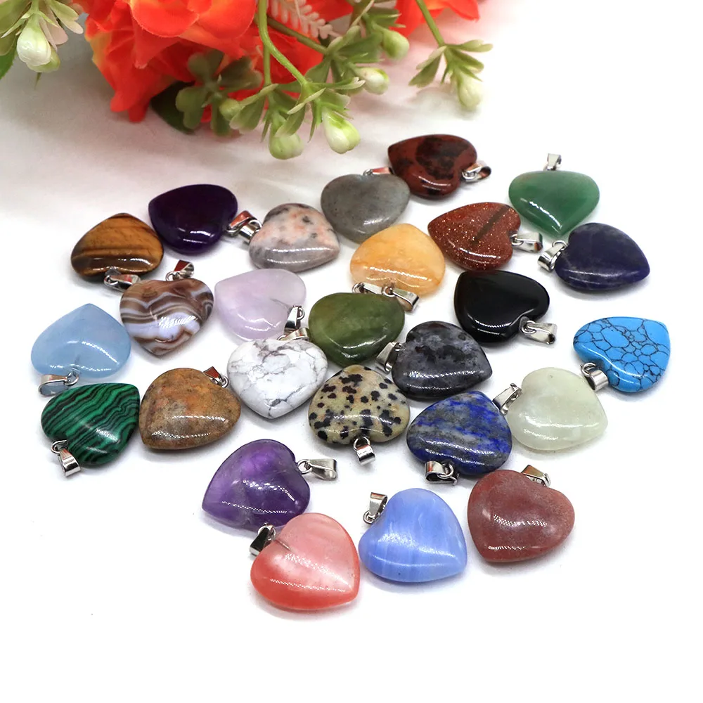 10PC/Set Natural Agate Turquoises Quartz Heart Shape Pendant Crystal Amethyst Healing Gemstone Necklace Women Charm Jewelry 16mm