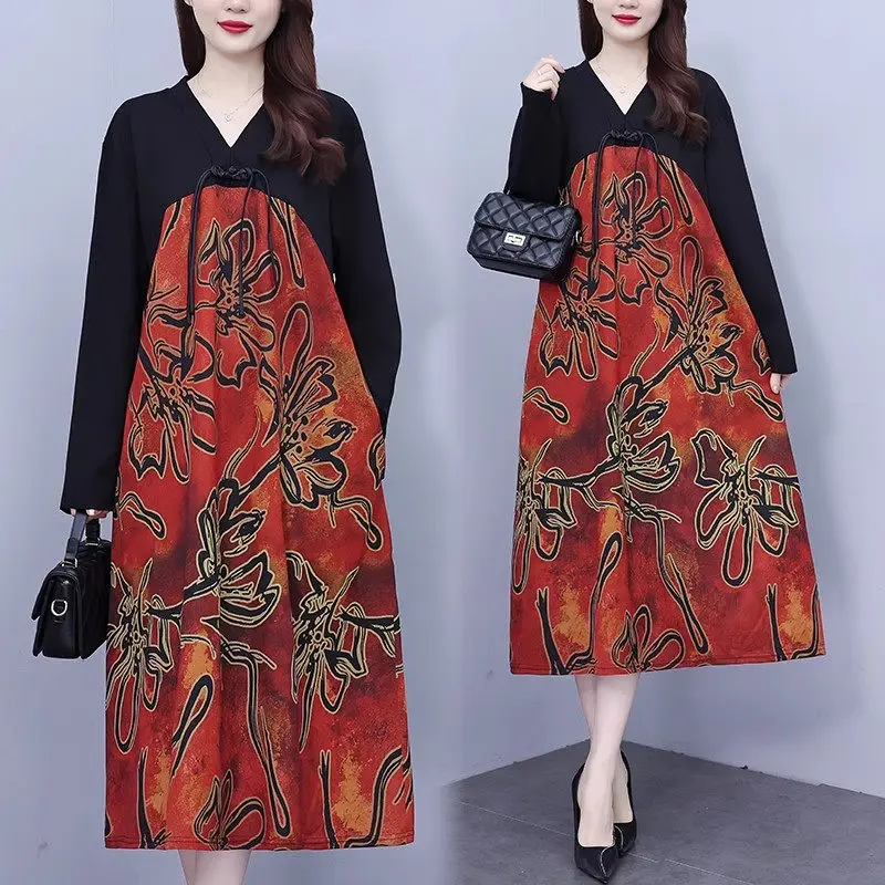 

Large Size Women's Korean Style Dress 2023 Autumn Fashion Noble Print Splice Fake Two Piece Mid Length Dress Midi Vestidos Z3252