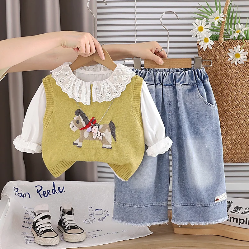 Baby Girl Fall Clothes 2026 Spring Autumn Children's Cute Horse Knitted Vest + Shirts + Pants Suit 3PCS Girls Christmas Outfits