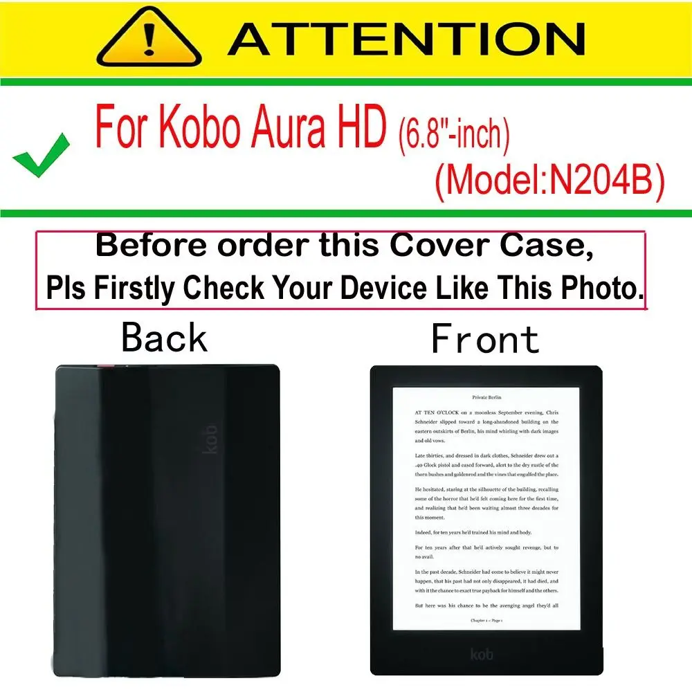 PU Leather 6.8 inch e-Reader Cover Auto Sleep/Wake Shockproof N204B Smart Case Ultra Slim Anti Scratch for Kobo Aura H2O HD