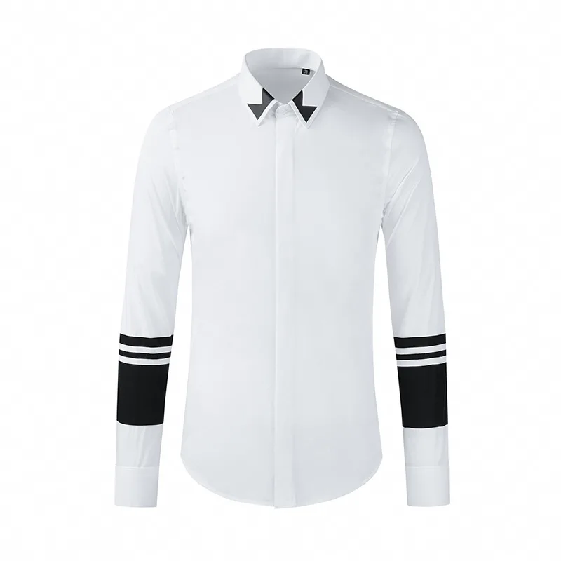 LH039 camisa de manga larga para hombre, camisa de moda europea y americana, costura en blanco y negro, mano informal delgada