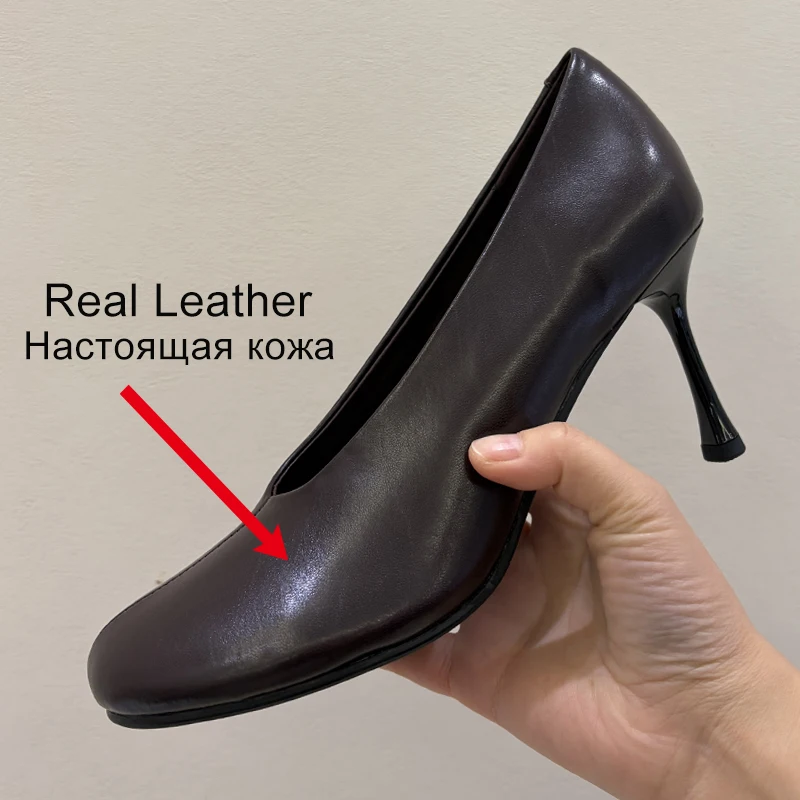 Women's Real Leather Round Toe High Heel Pumps - Sizes 34-43