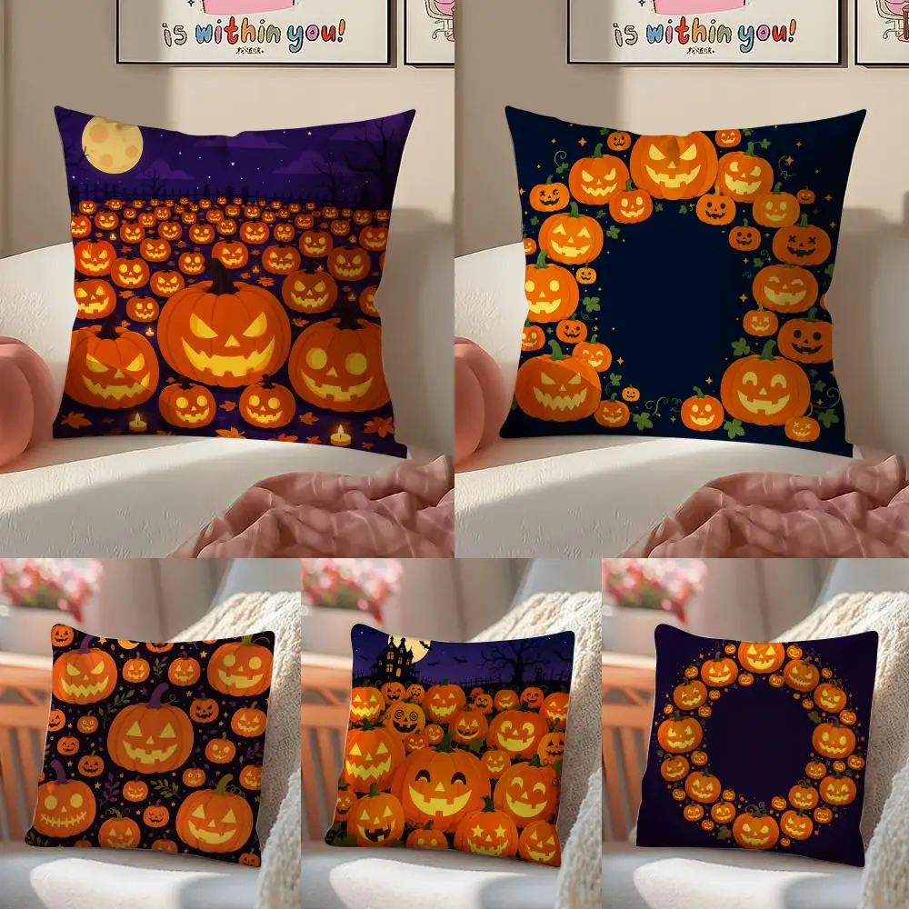 Halloween Pumpkin Lantern Array Cushion Cover Pillowcase Short Plush Invisible zipper Room Sofa Cushion Cover