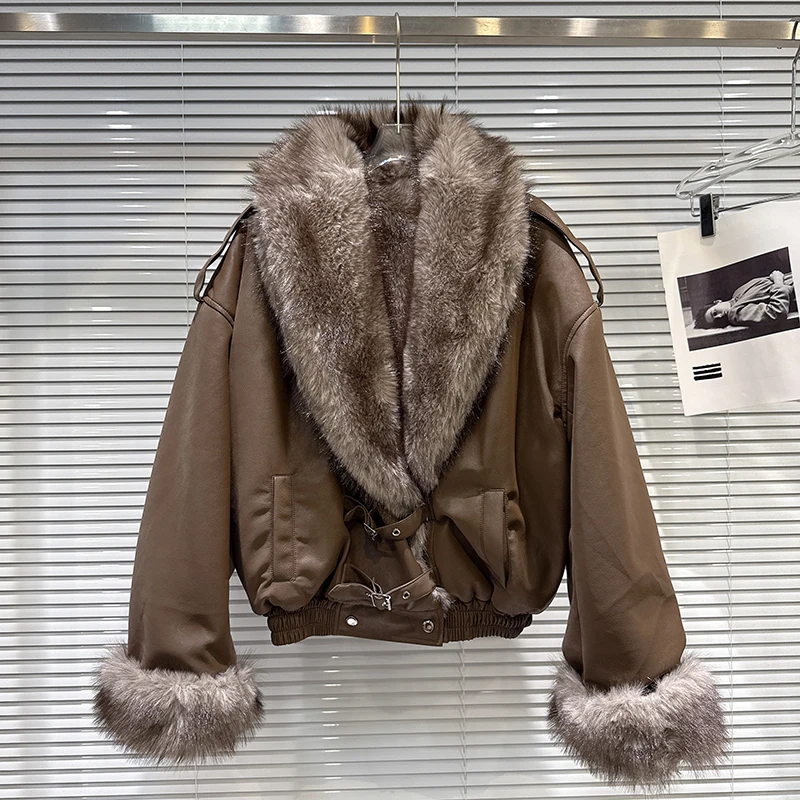 الشتاء كبير الفراء طوق بولي Leather سترة جلدية المرأة طويلة الأكمام ملابس خارجية دافئة غير رسمية الإناث الصلبة المغطاة زر سترات قطنية فضفاضة #4