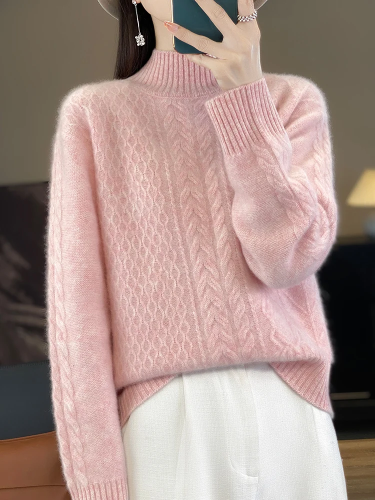 

Autumn Winter Women Thick Sweater Mock Neck Pullover Twist Flower 100% Merino Wool Soft Warm Cashmere Knitwear Korean Fashion