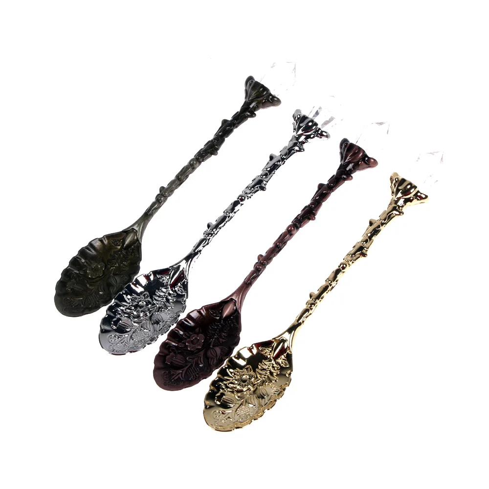 1PC Vintage Carved Flower Crystal Coffee Teaspoon 4 Colors Milk Spoon Ice Cream Tea Sugar Stirring  Cake Spoon Kitchen Accessory