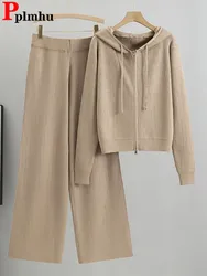 Korean Chic Knitted 2 Piece Sets Women Hooded Knit Long Sleeve Short Sweatshirt Tops Conjuntos High Waist Loose Sweatpants Suits
