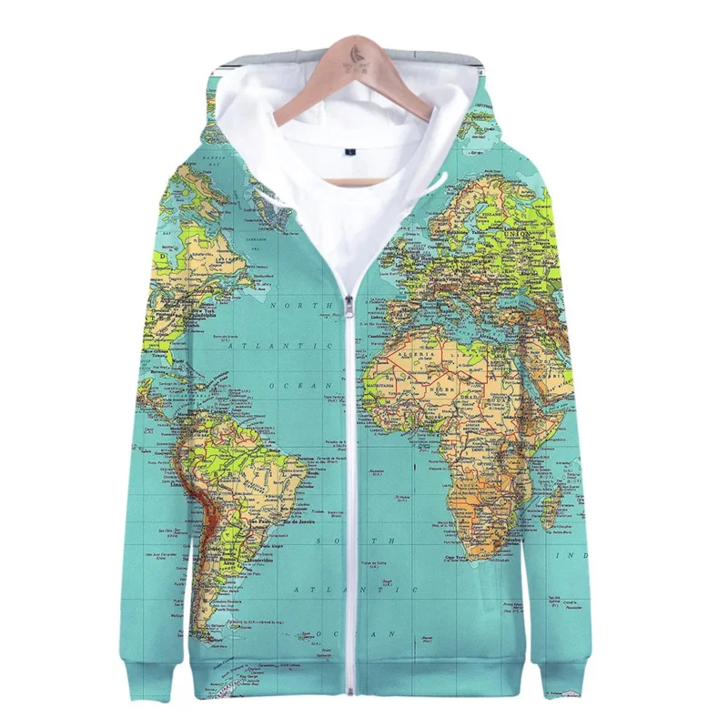 World Map 3D Print Oversized Zip Up Women/Men Hoodie Sweatshirt Streetwear Hip Hop Fleece Zipper Hooded Jacket Casual Sportswear