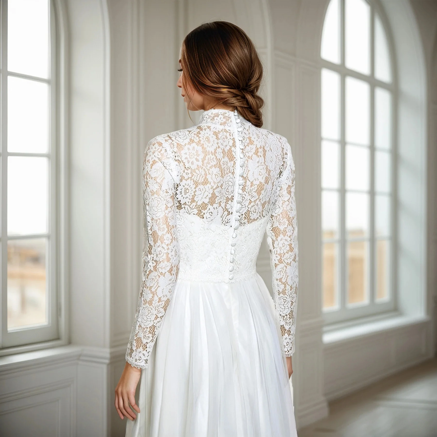 Customized Lace Wedding Capes Full Sleeves High Collar with Buttons Bride Bolero Bridal Jacket Women Accessory