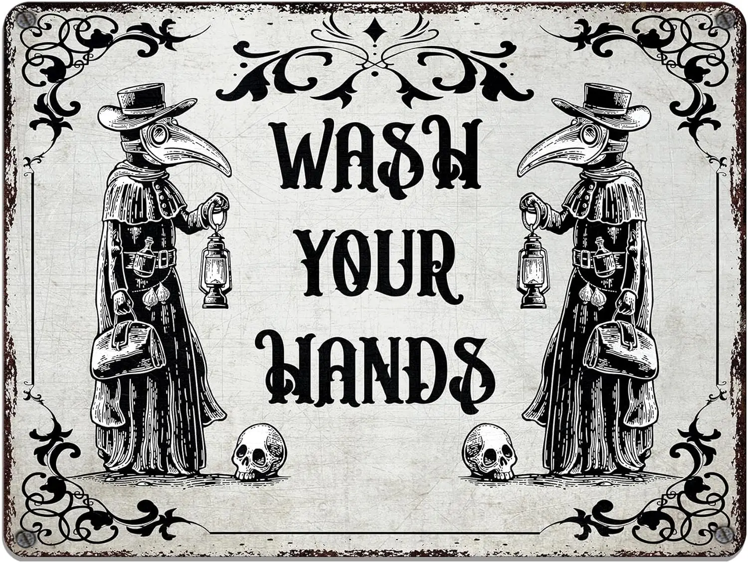 Wash Your Hand Plague Doctor Tin Metal Sign Wall Art Plaque, Halloween Gothic Decor, Vintage Signs for Bathroom Wall, Farmhouse