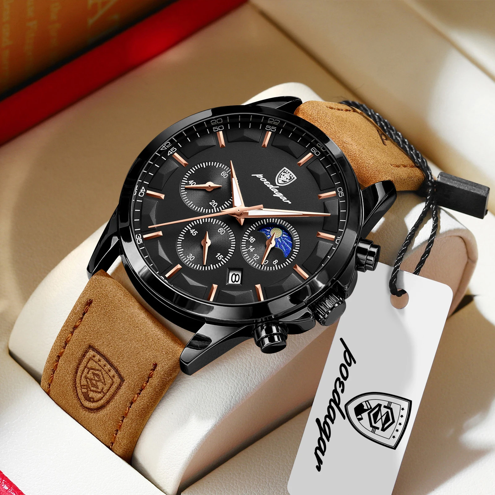 POEDAGAR Sports Luxury Men Quartz Watch Waterproof Chronograph Luminous Date Man Wristwatch Business Leather Men's Watches Clock image 2